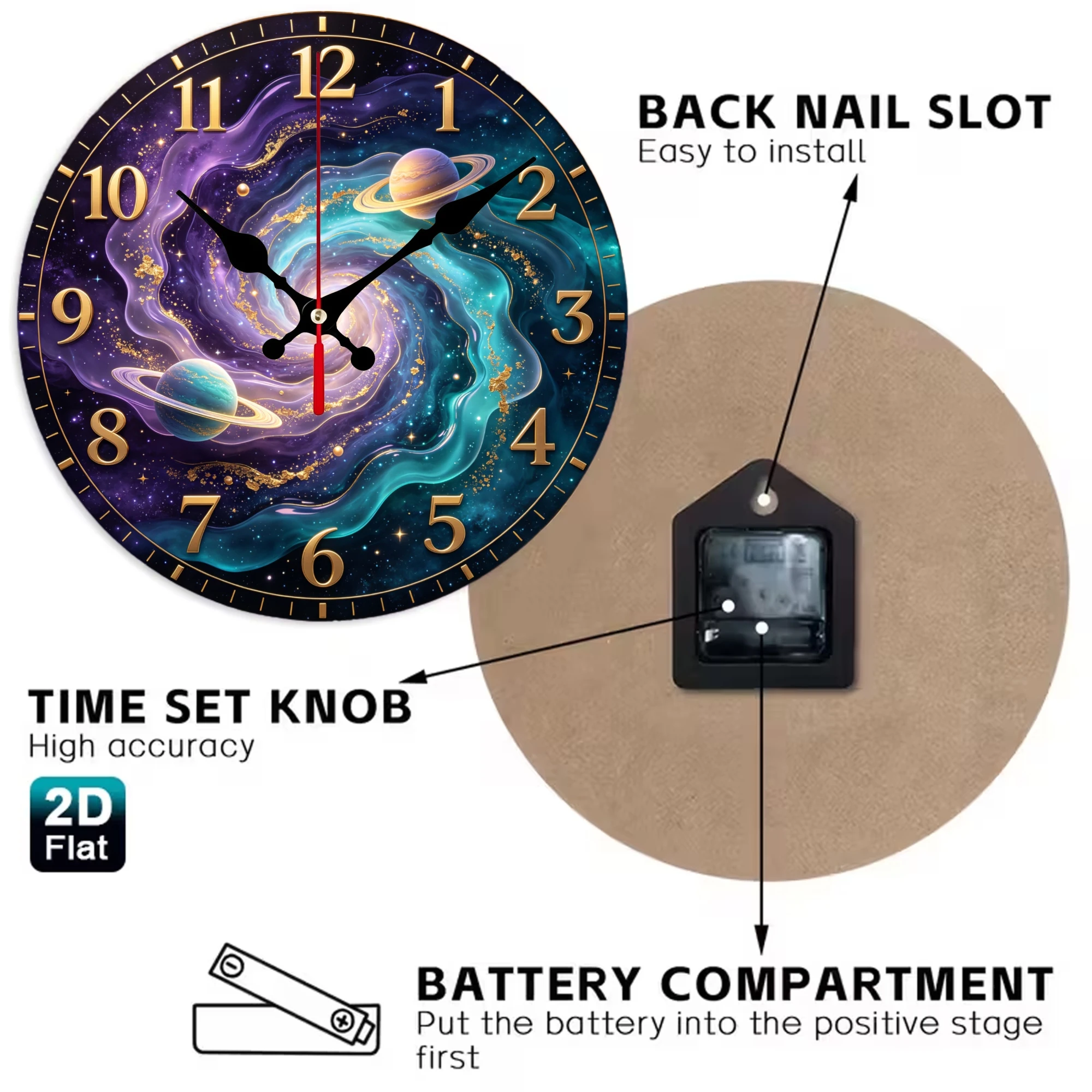 Cosmic Galaxy Swirl Saturn Wooden Wall Clock, 10/12 Inch Round Wood Clock, Silent Non Ticking Quartz Movement, Purple Teal Nebula Planet Printed Home Decor