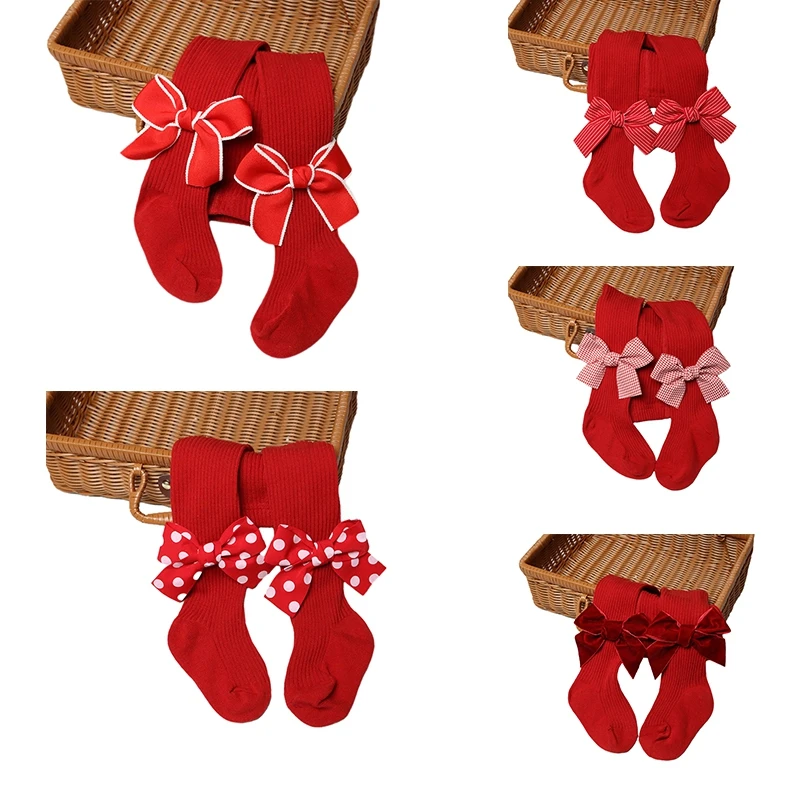 Christmas Baby Girl Stockings Long Socks for Autumn and Winter Long Korean Version Girls Stockings Red Baby Bow Calf Socks 1-3y