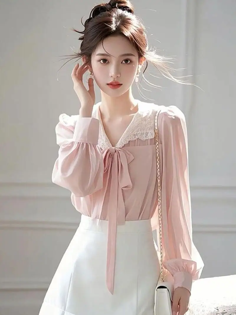 

Pink Knot Chiffon irt Women's Summer Sle 2025 Commute Vintage Loose Fit Long Sve V-Ne Casual Top