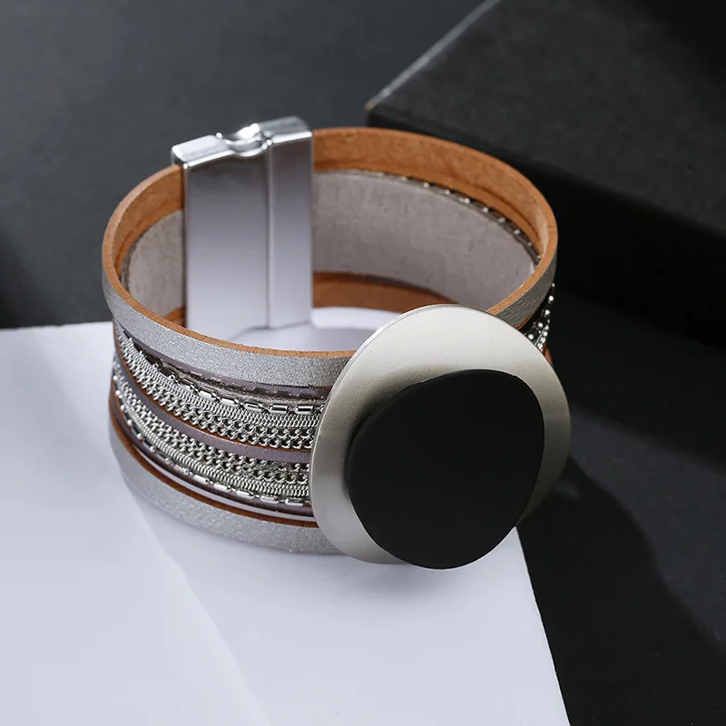 Kirykle Boho Leather Bracelet for Women 2023 Circle Matte Metal Board Charm Wide Bracelet Female Jewelry Girl Party Gift