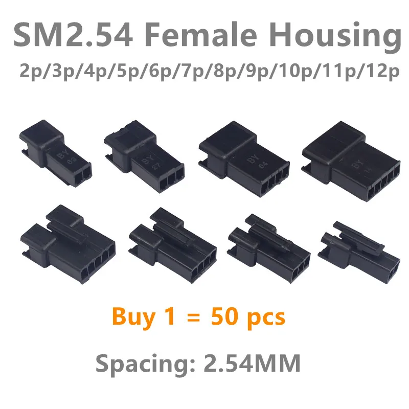 50 SZTUK SM2.54 żeńskie gniazdo obudowy jst złącze wtykowe o skoku 2,54 mm złącze blokujące 2P/3P/4P/5P/6P/7P/8P/9P/10P/11P/12p