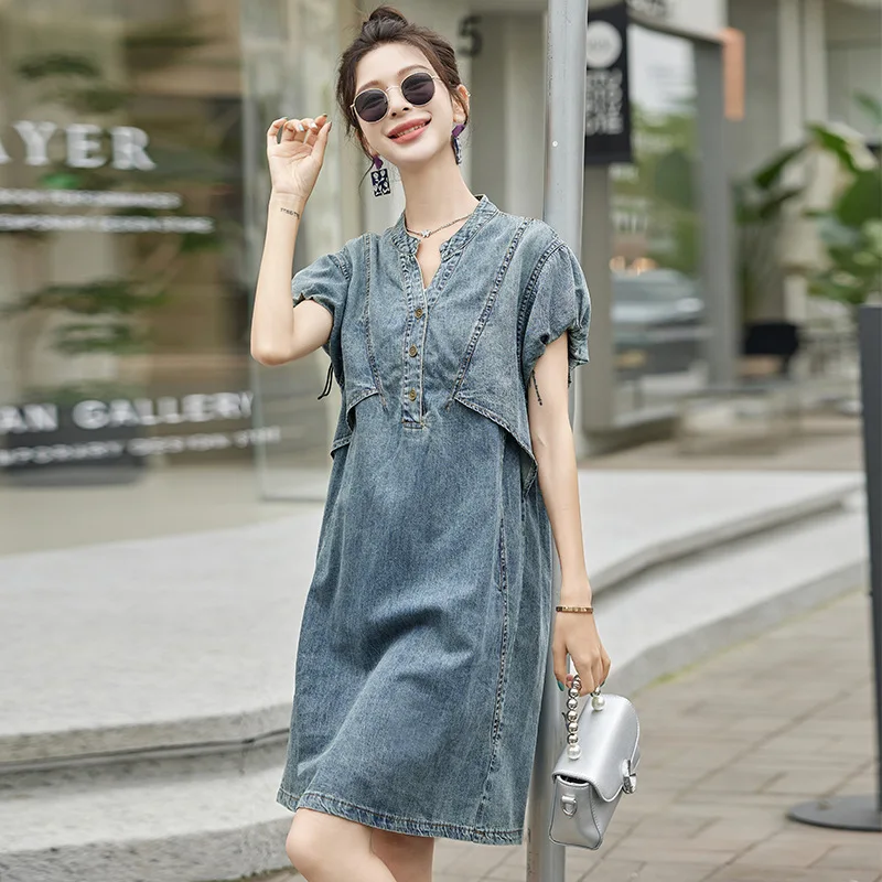 Loose V-Neck Short Sleeve Denim Dress Women's Summer Fashion Patchwork Drawstring Jeans Dresses Casual Female Clothing Vestidos