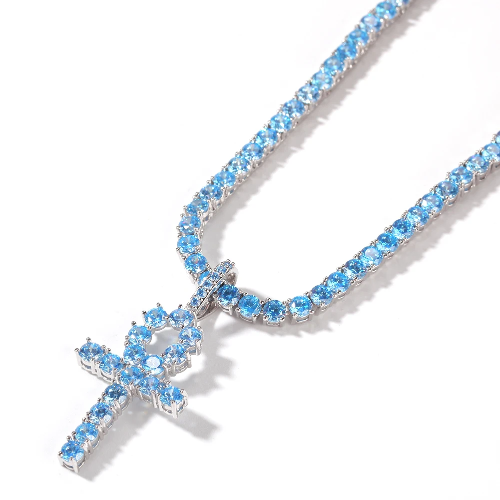 

Uwin Ankh Cross Pendant Necklace with Tennis Chain 4mm Blue Cubic Zircon Iced Out Bling Key Of Life Necklace Jewelry For Gift