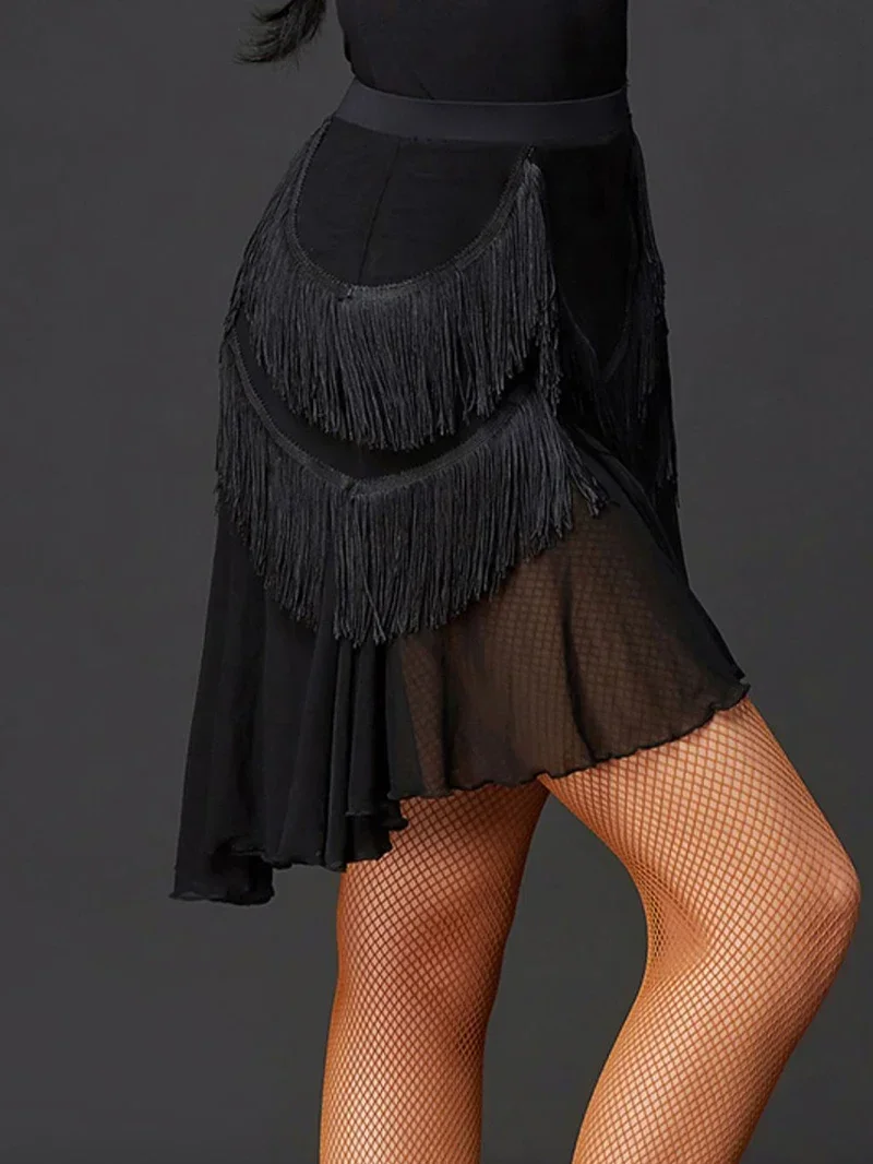 Women Black Tassels Mesh Latin Dance Skirt Ballroom Rumba Samba Dancewear Female Training Cha Cha Performance Costumes