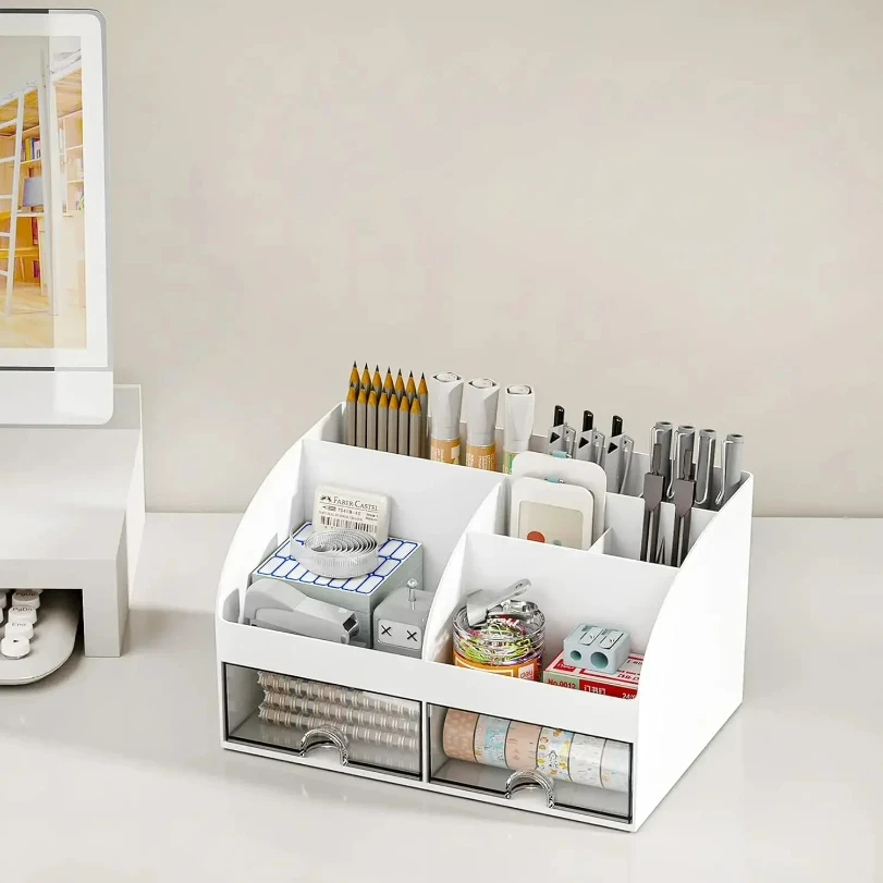 

Desk Organizer with 6 Compartments and 2 Drawers, Plastic Makeup Organizer, Pen Holder for Desktop Storage,