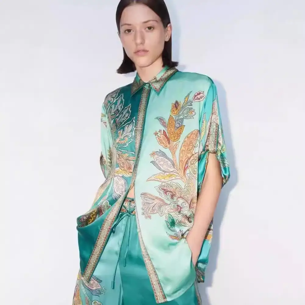 

Атласная блузка с воротником и цветочным принтом Ele ort Sve irt, длинные повседневные брюки со средней заниженной талией, материал ПВХ для женщин среднего возраста