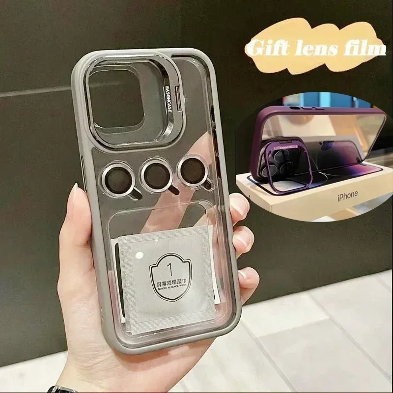 Luxury Metal Camera Lens Holder Stand Case For iPhone 15 14 13 12 11 Pro Max Plus Phone Transparent Soft Bumper Shockproof Cover