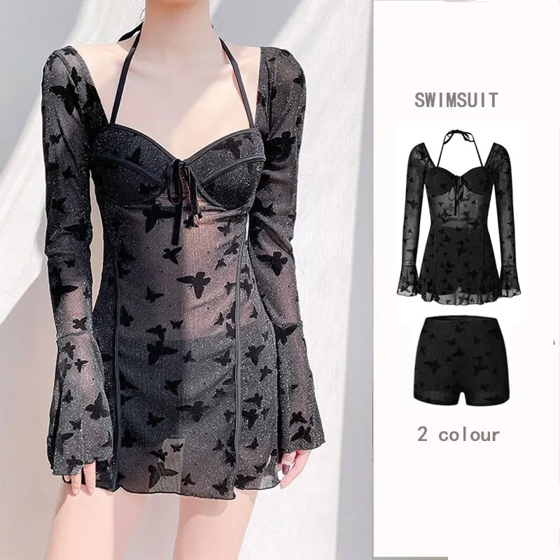 Women's Two-Piece Swimsuit Long Sleeve Thermal Vacation Slimming Belly Covering Sexy Bikini Casual Surfing Suit with Steel Su...