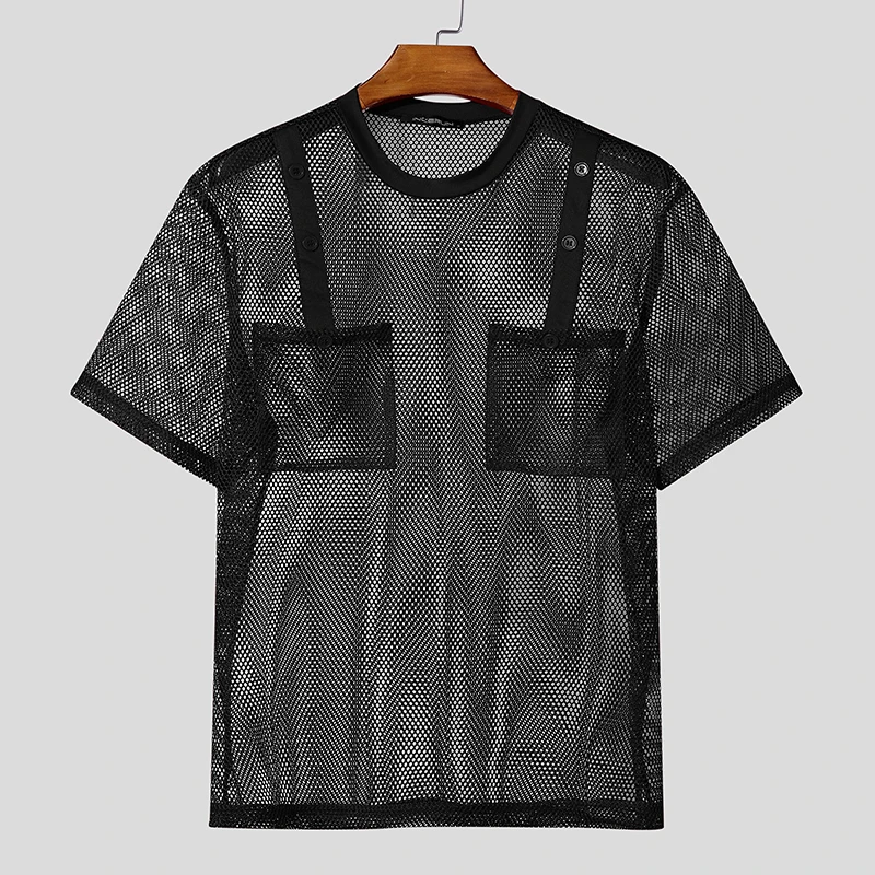 INCERUN Herren T-Shirt Mesh Durchsichtig Einfarbiges Oberteil für Männer O-Ausschnitt Kurzarm Streetwear Sexy Taschen 2026 Modische Herrenkleidung