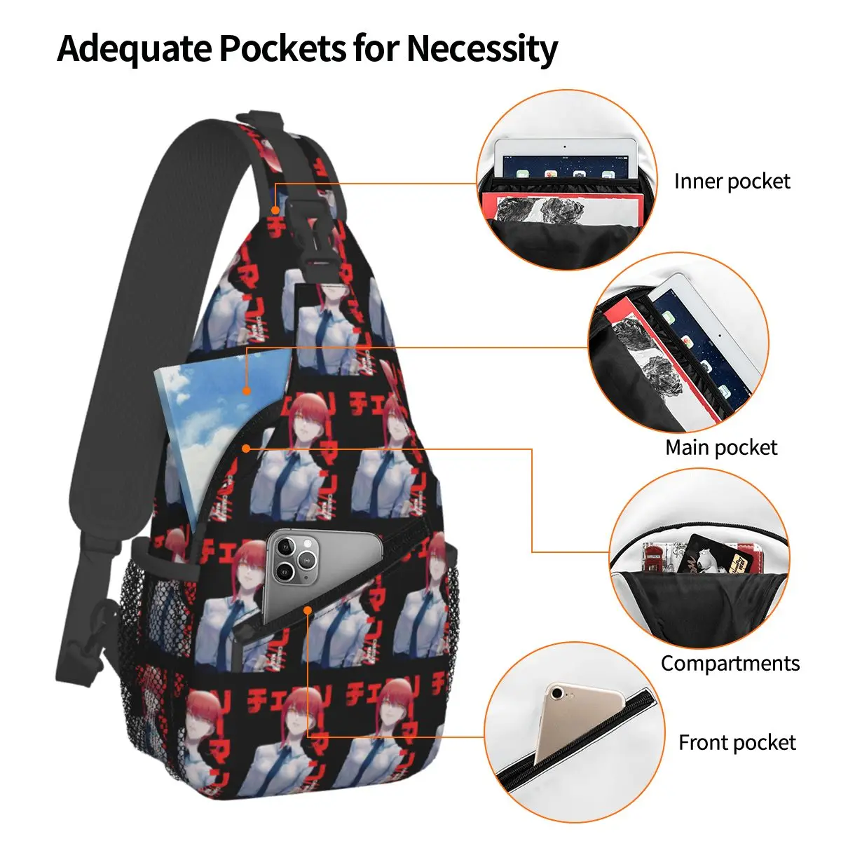 Makima Chainsaw Man Anime Girl Chest Bag Men Sling Crossbody Backpack Chest Bag Travel Hiking Daypack Shoulder Bag