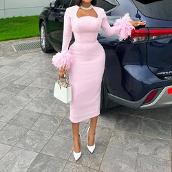 BKLD New Arrival Women Sexy High Waisted Long Sleeve Feather Trim Split Bandage Dress OL 2024 Eleganckie sukienki wieczorowe Club Party