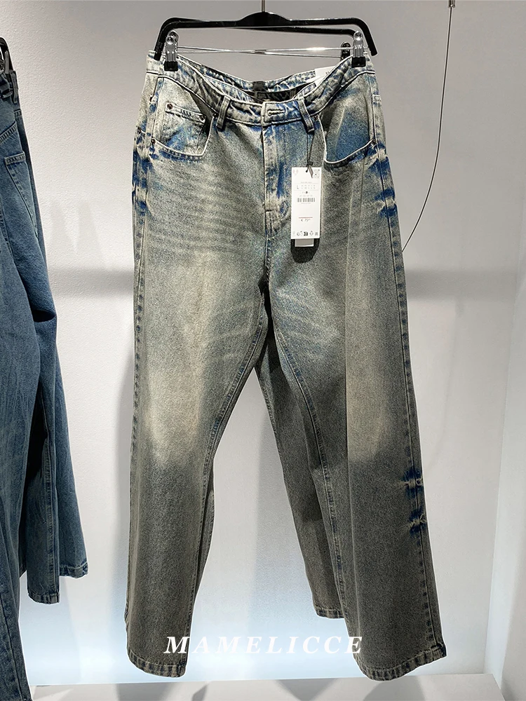 

Джинсы MAMELICCE оригинального дизайна, с эффектом потертости, широкие, повседневные, в стиле High Street, для мужчин.