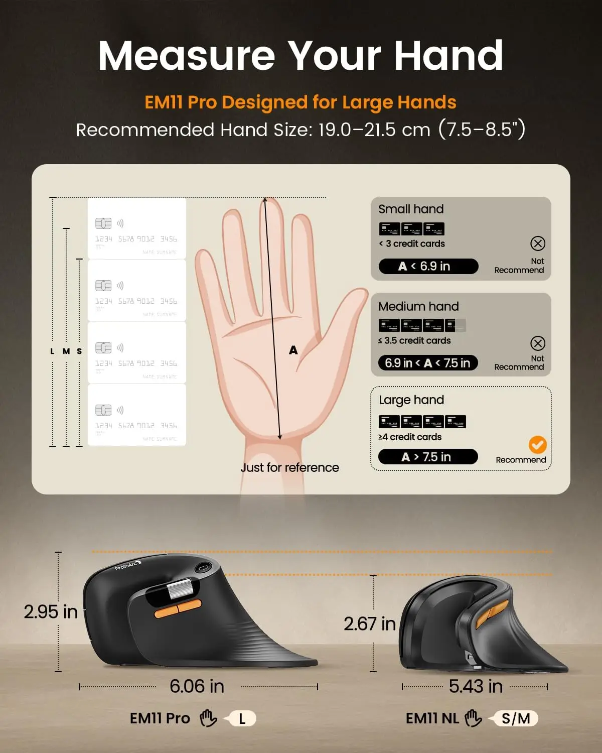 ProtoArc EM11 Pro Ergonomic Wireless Mouse For Large Hands, Side Scroll Wheel, Multi-Device Bluetooth Mouse, Browser Programmabl