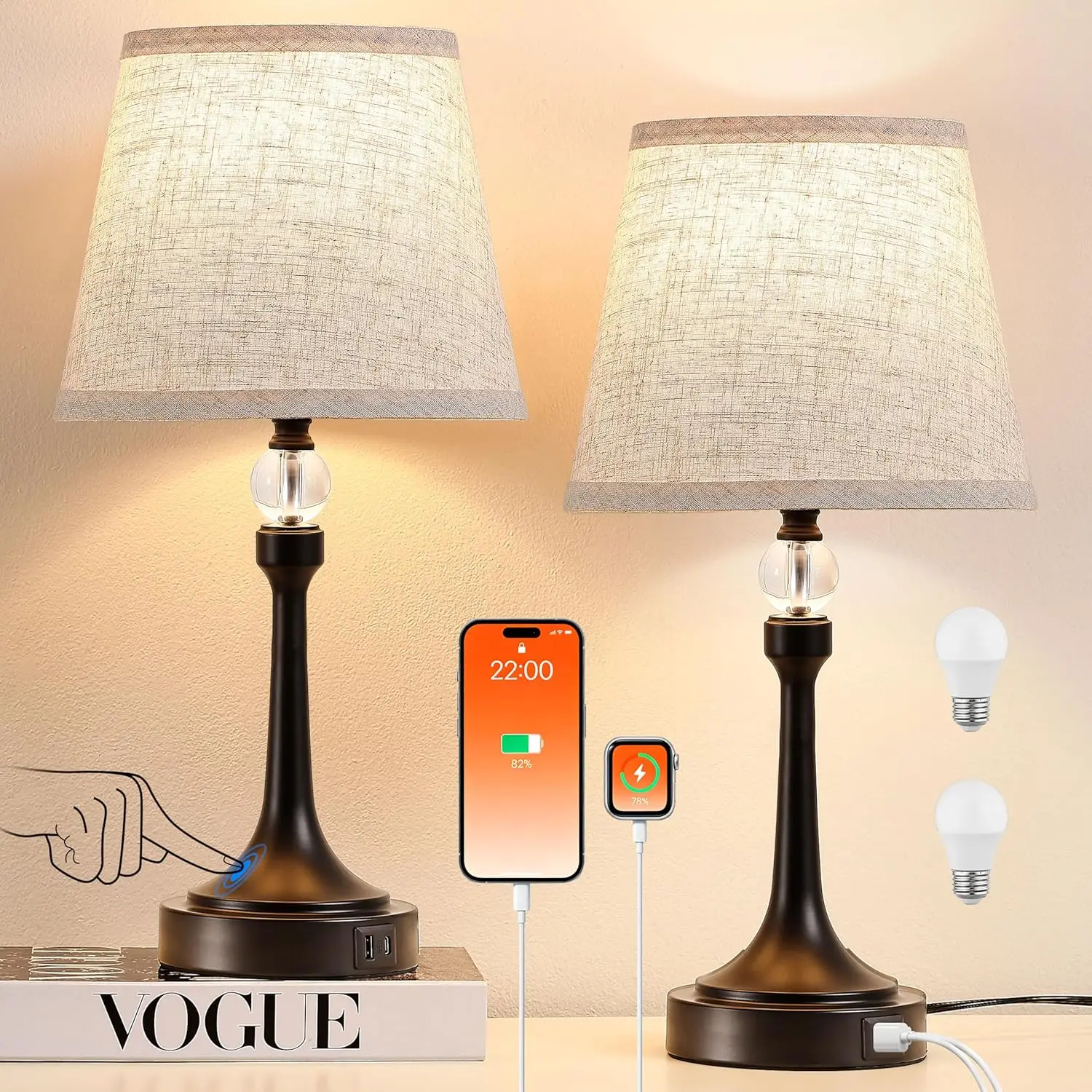 

Dimmable Touch Lamps Set of 2 with USB C+A, Metal Bedside Lamps for Living Room Bedroom Office, Black