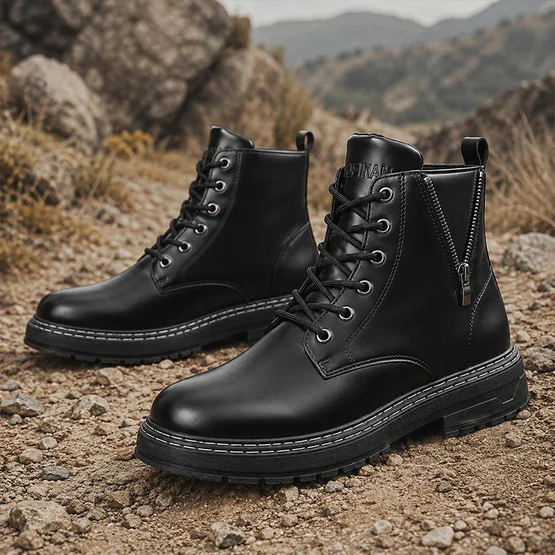 Men's High Top Ankle Boots, Side Zipper Thick Sole Non‑slip Faux Leather Boots, Casual Footwear For Daily Commute Street Walking