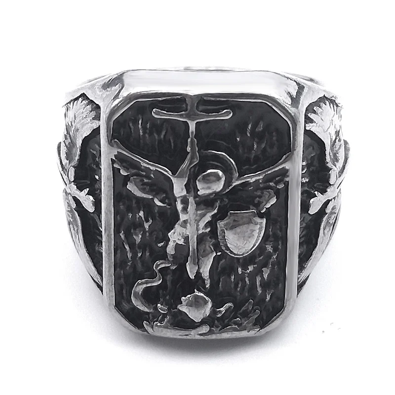 Vintage Archangel Saint Michael Angel Wings Ring for Women Men Stainless Steel Cross Shied Rings Religious Jewelry anillo R543S2