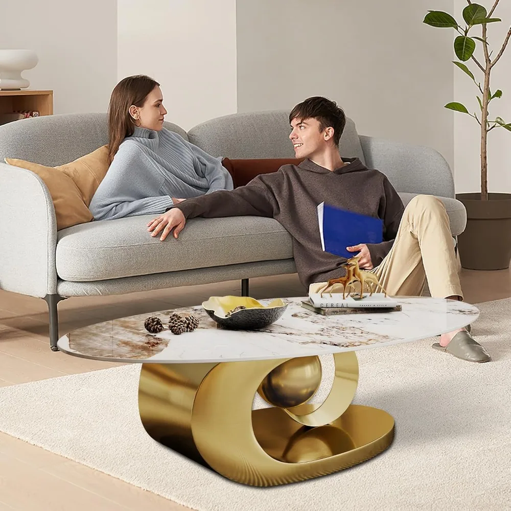 Mesa de centro moderna de pedra oval com base de metal dourado - Peça central elegante para salas de estar elegantes - 55,1" Lx31,5 Lx16 H