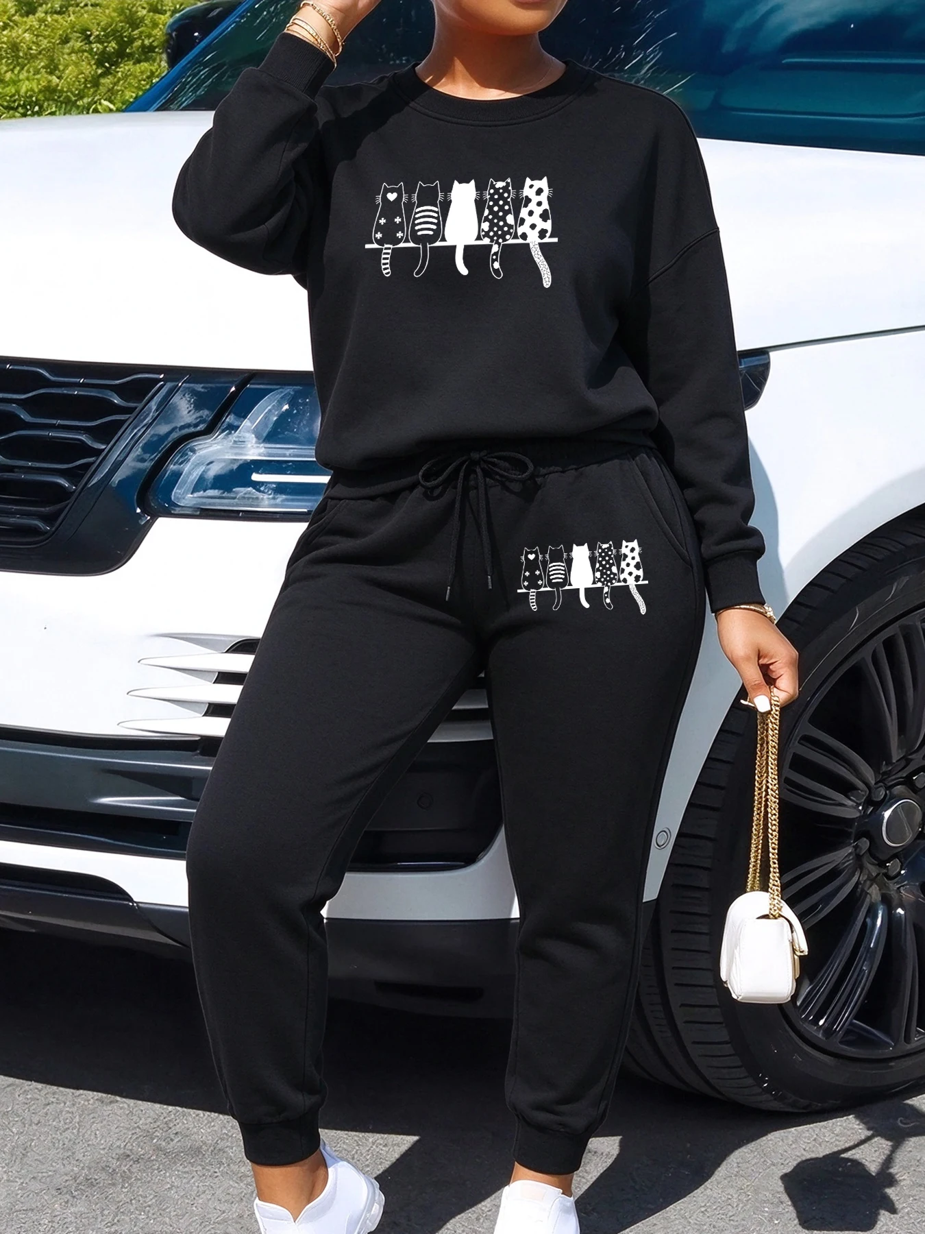 Cute Heart Cats Sketch Print Women Sweatshirt Set Hip Hop O-Neck Pullover Autumn Loose Jogging Pants Fleece Drawstring Sweatpant