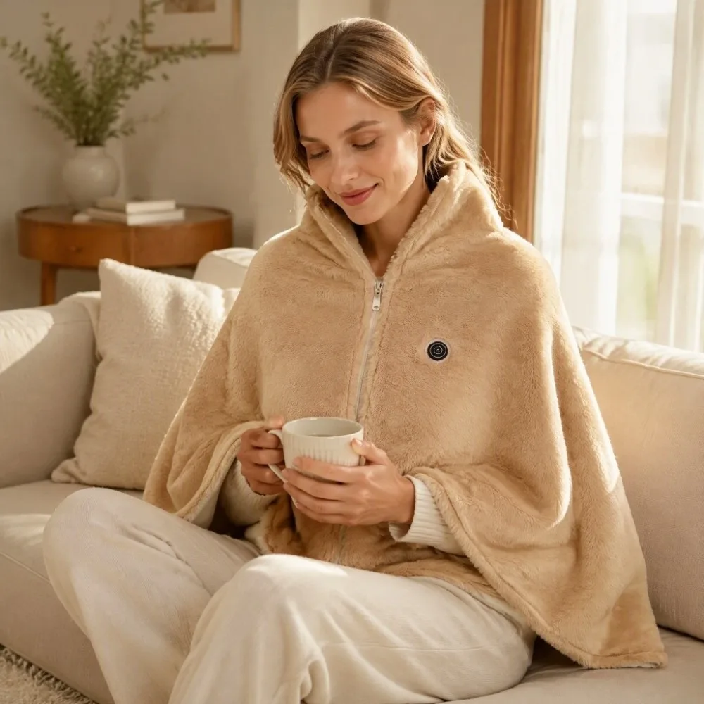 Zipper Design Electric Shawl Blanket Soft Warm-keeping USB Shawl Blanket Double-Layer Convenient Plush Shawl for 10W/5V Adults