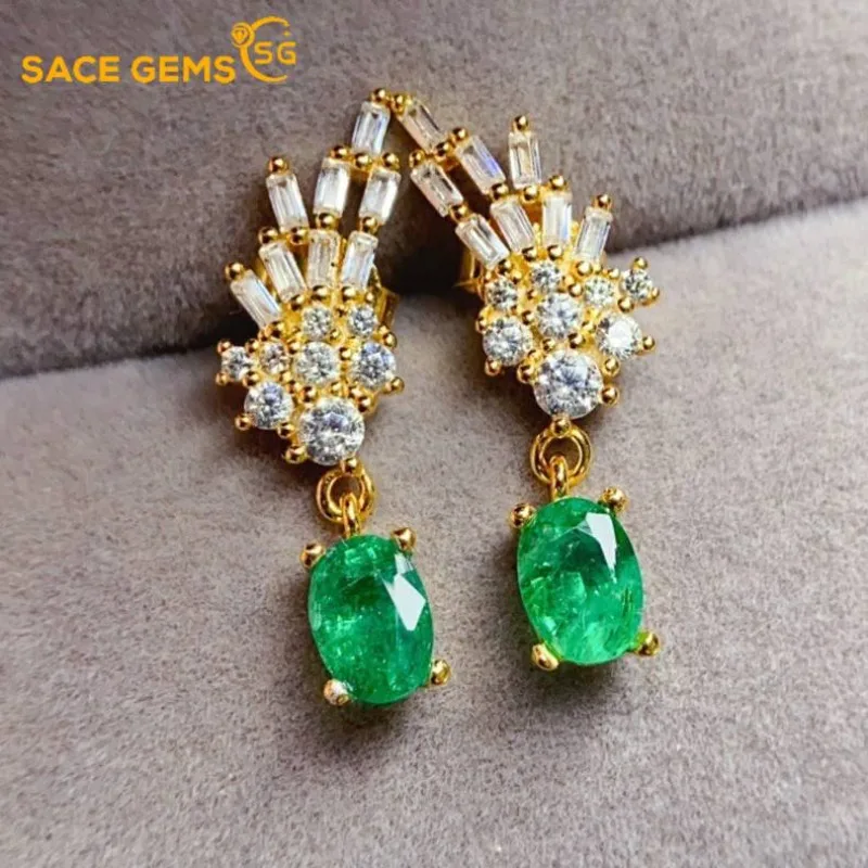 

SACEGEMS Fashion Drop Earrings for Women 925 Sterling Silver 4*6MM Natural Emerald Stud Earrings Wedding Party Fine Jewelry Gift