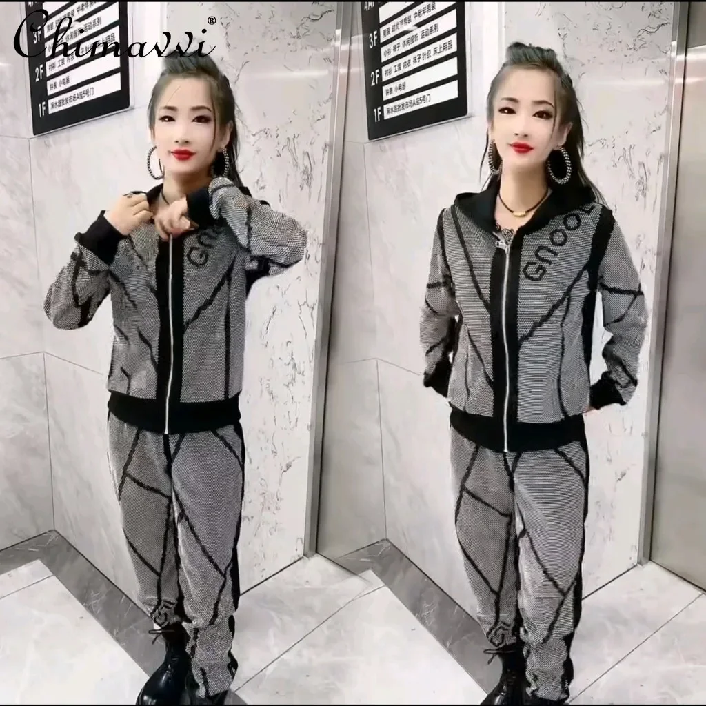 European Heavy Hot Diamond Thin Casual Sports Two-piece Suit Autumn Fashion Long-sleeved Hooded Jacket Trousers Women\'s Outfits