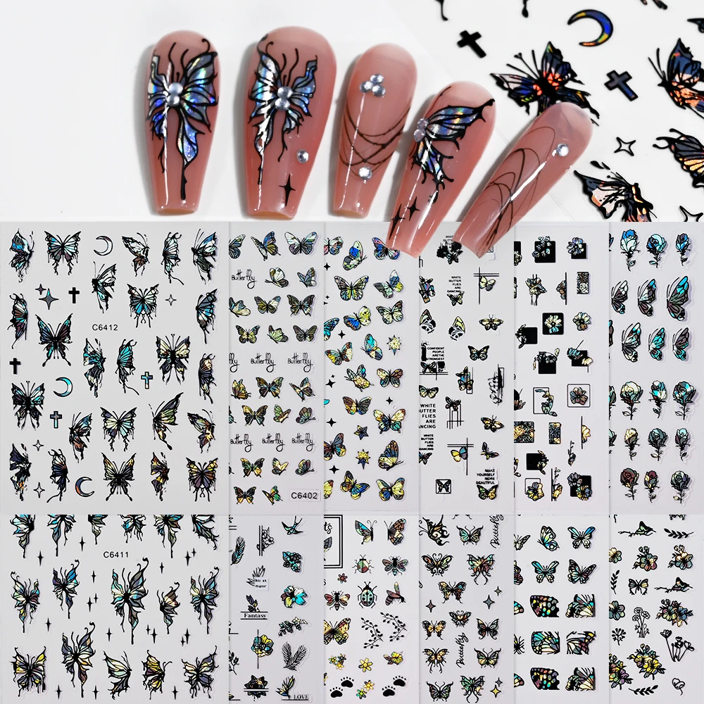 12pcs Shiny 3D Holographic Butterfly Nail Art Stickers Self-Adhesive Laser Glitter Nail Design Foils DIY Manicure Decor Nail Art