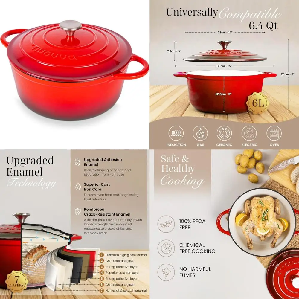 

Эмалированная чугунная голландская духовка с антипригарным покрытием и крышкой - сверхпрочная духовка емкостью 6,4 литра, безопасная до 500 ° F для выпечки и обжарки