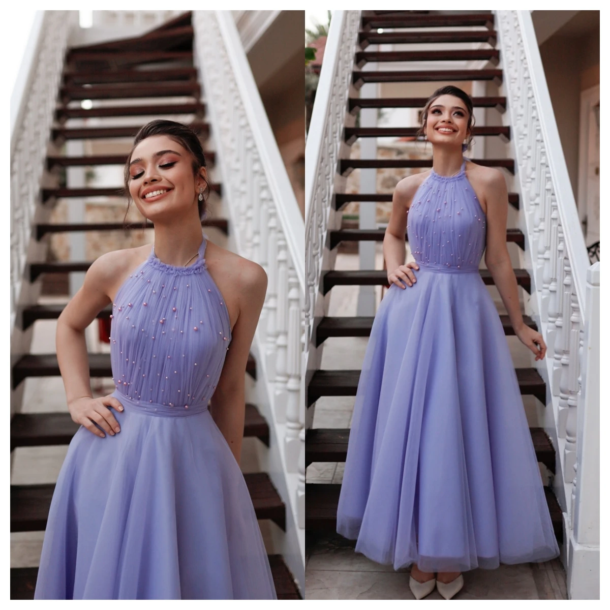 

Customized Classic Purple Tulle Evening Dress Halter Sleeveless Homecoming Dress Pearls Special Occasion Gowns Temperament