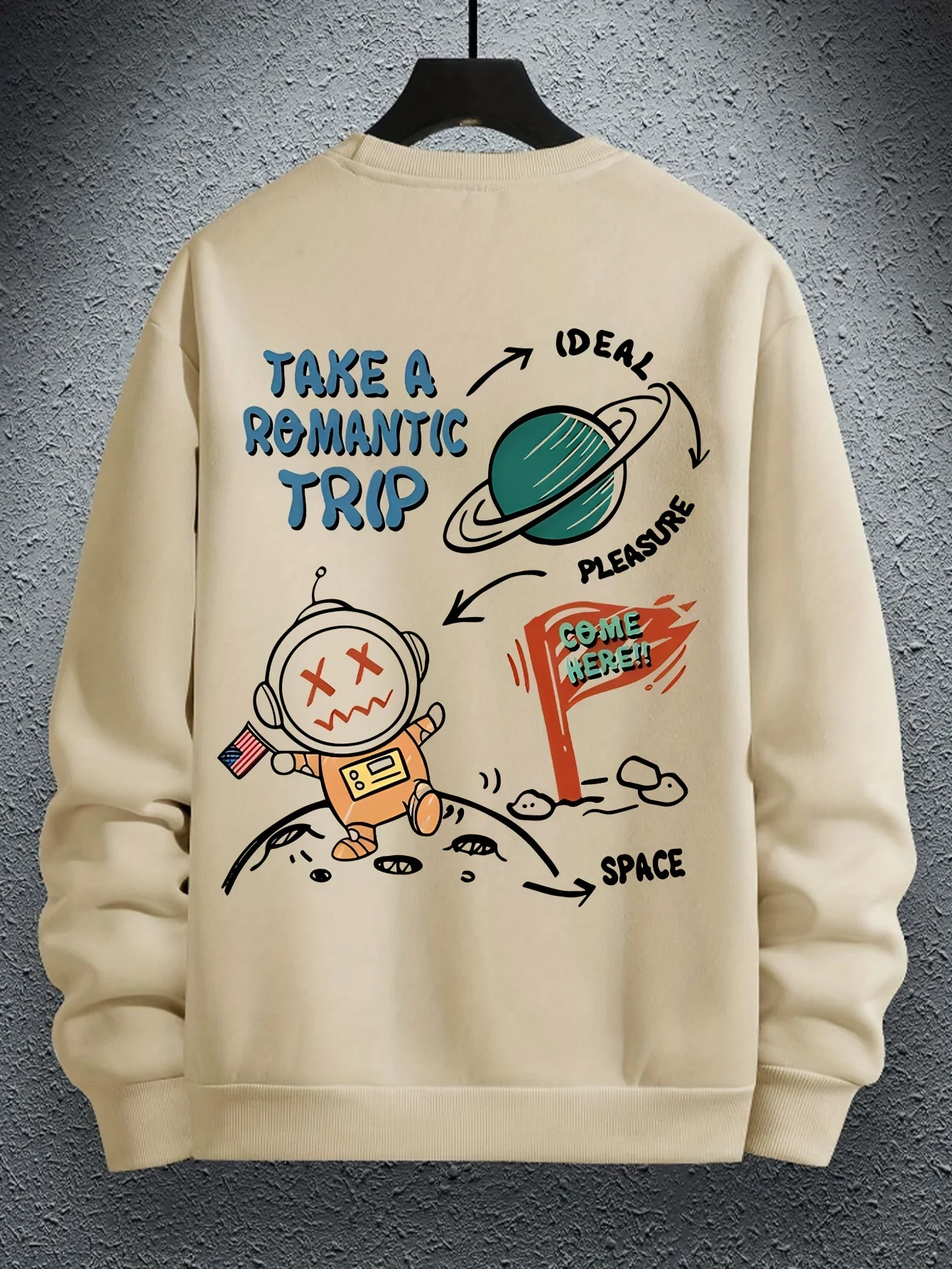 Men's autumn and winter fashionable casual loose astronaut cartoon print long sleeved round neck sweatshirt