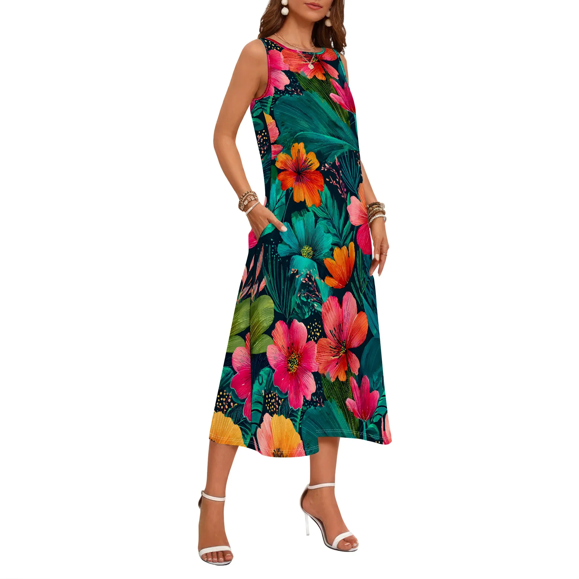 Floral Print Sleeveless Maxi Dress, Tropical Leaves Pattern, Summer Beach Sundress, Pockets, Vacation Wear, S-2XL