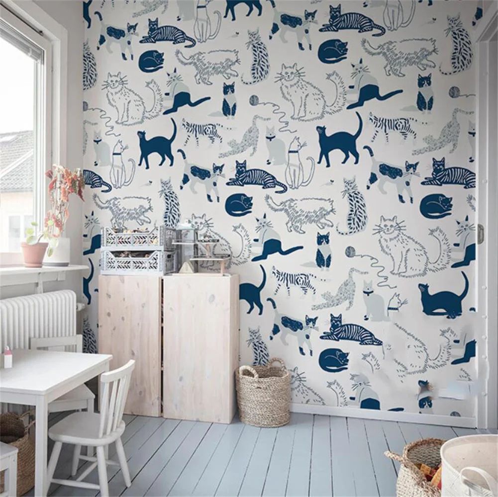 Nordic cat non-woven wallpaper children's boys and girls' bedroom background wall paper custom mural papel de parede home deco