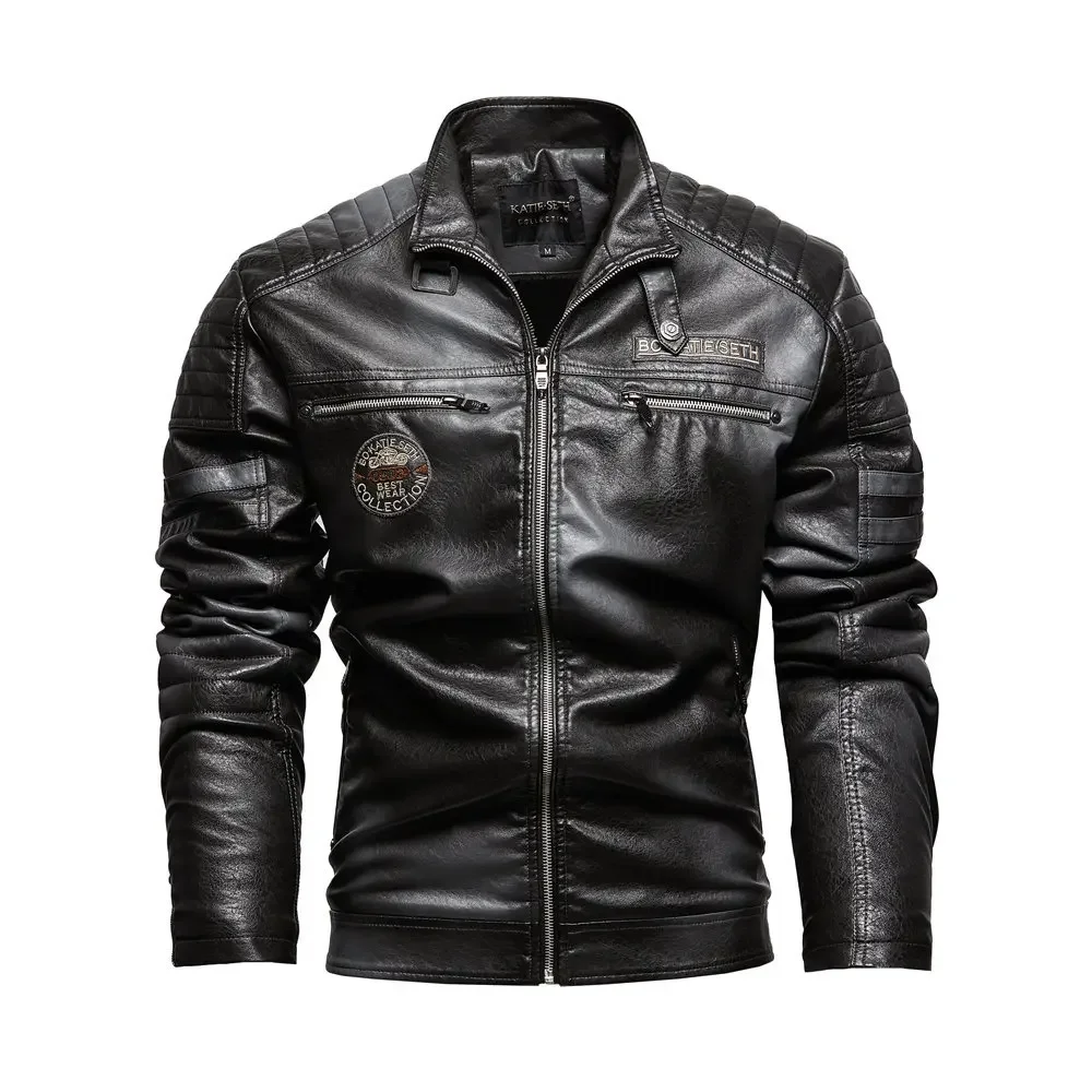Clothing Winter Men\'s PU Jacket Solid Color Lapel Plush and Thick Men Leather Jacket Plus Size Motorcycle Leather Jacket Men