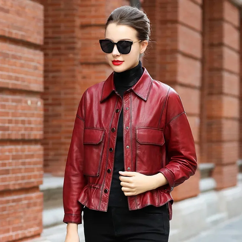 Genuine Motorcycle Leather Jacket for Women Spring Autumn 2024 Trend Slim Lace-up Single Breasted Natural Sheepskin Coat