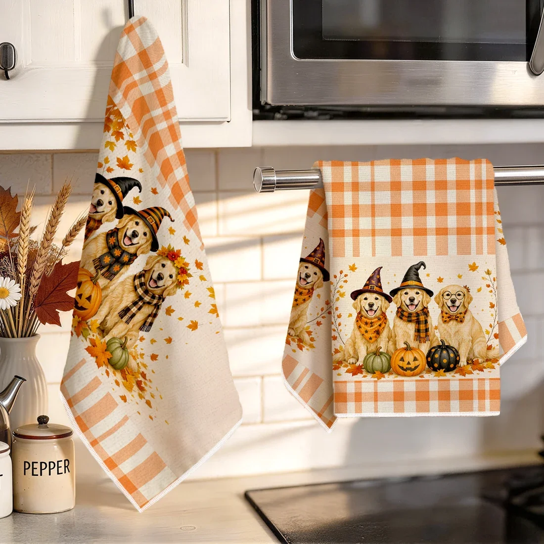 2pcs Set Kitchen Towels Halloween Golden Retriever Puppy Hand Towels Christmas Decorations For Home Noel Dish Towels Gifts