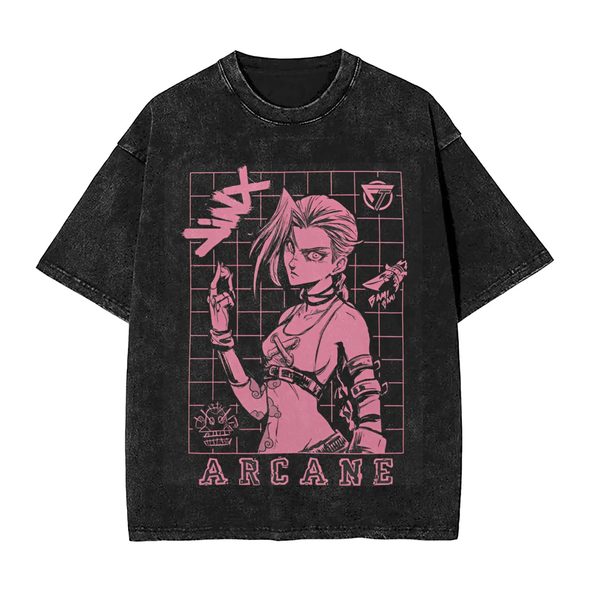 Arcane Jinx game  Washed T Shirt Streetwear Hip Hop Vintage T-Shirt  Tee Shirt Men Women Short Sleeve Oversize