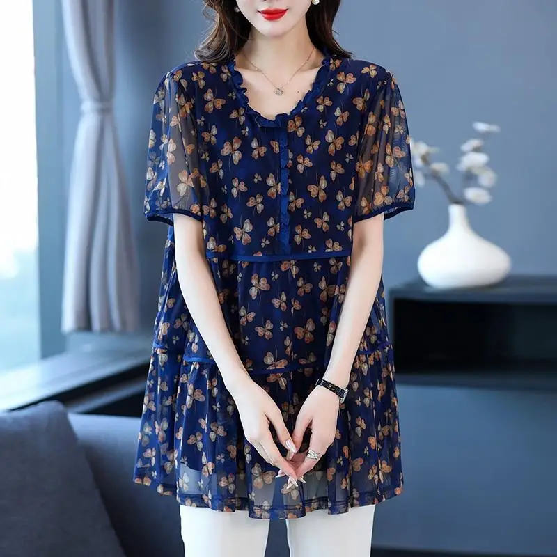 Women\'s Clothing Fashion Printed Midi Blouse Casual Round Neck 2023 Summer Short Sleeve Vintage Edible Tree Fungus Spliced Shirt