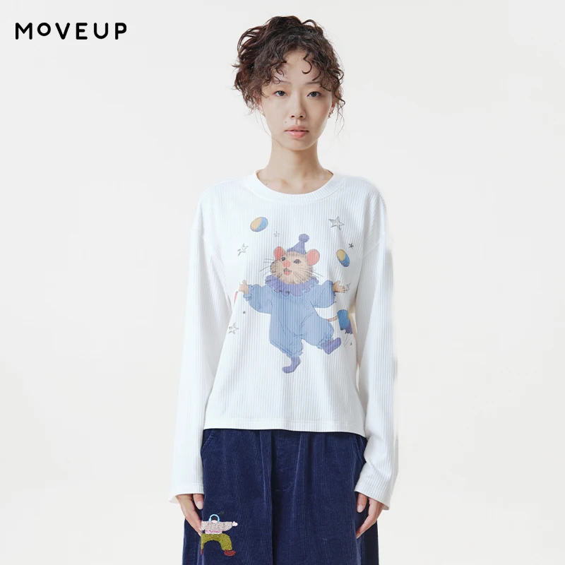 MOVEUP Women's Crew Neck Ribbed Long Sleeve Top 2026 Autumn Cute Clown Mouse Cartoon Print Loose Casual Basic T-Shirt 3ELQ10528