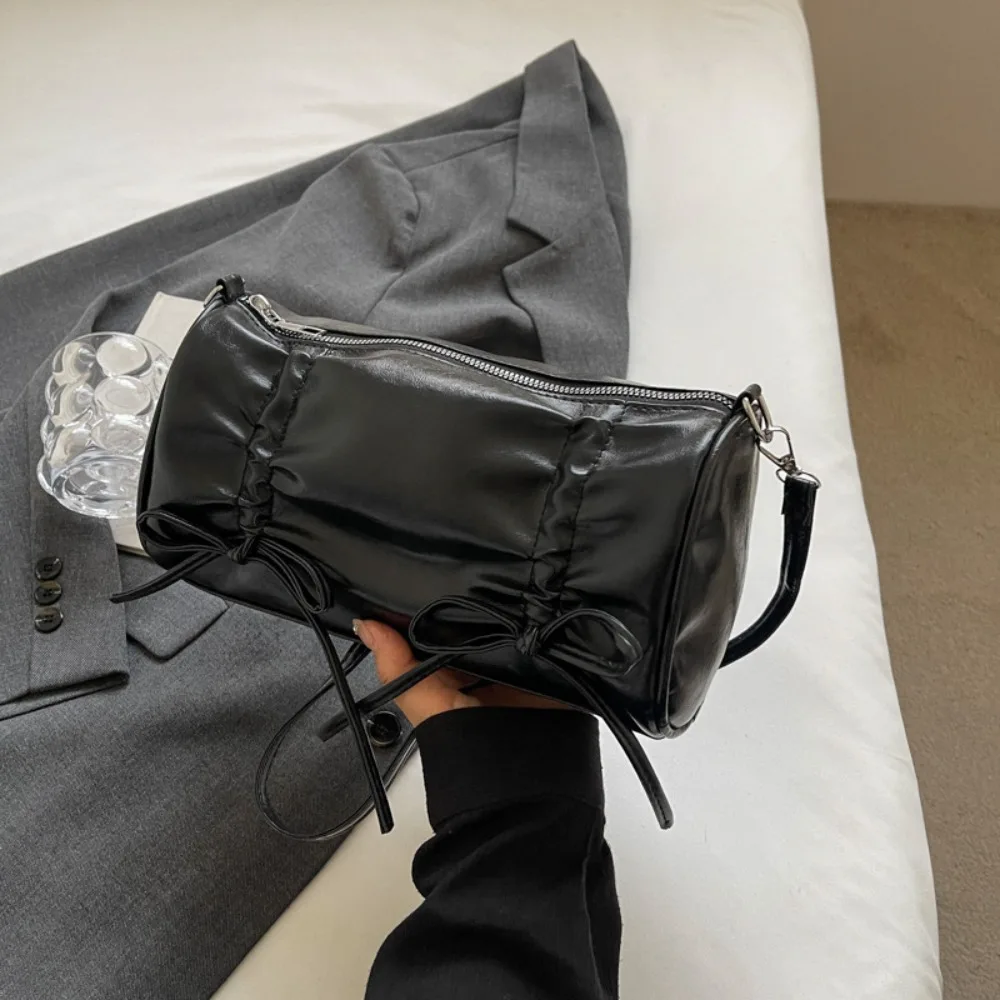 

Trendy Pleated Bow Handbag Balletcore Korean Style Bow Tie Shoulder Bag Shopping Bag Silver PU Leather Underarm Bag Women
