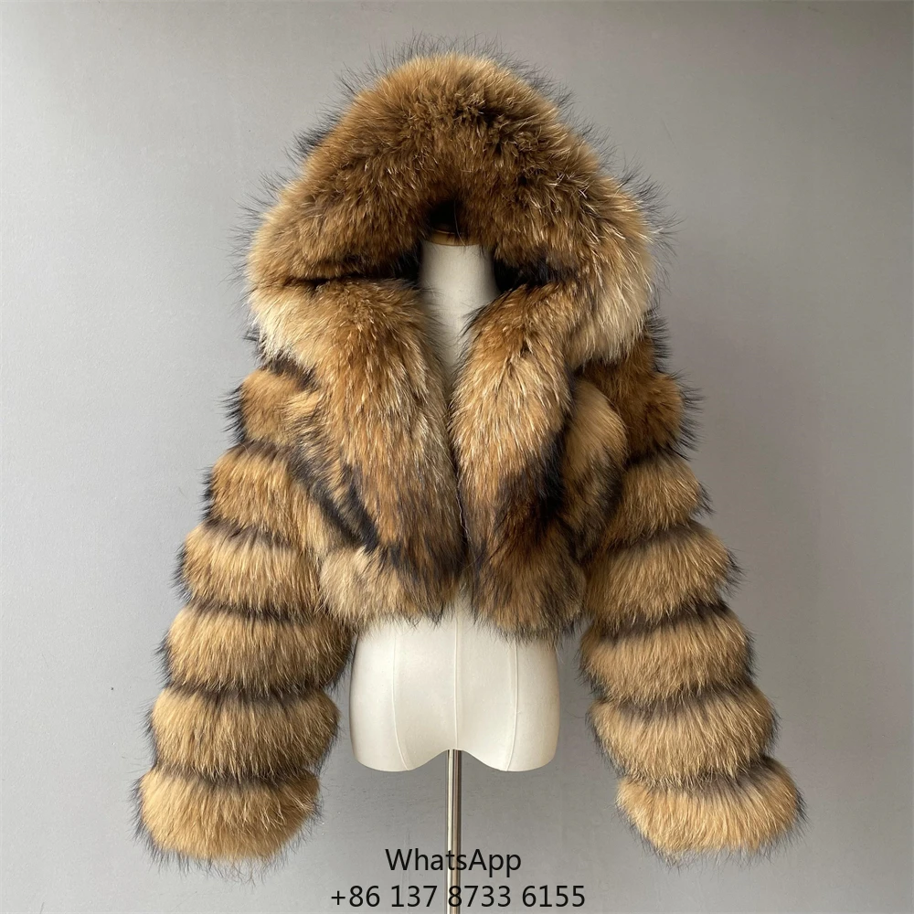 New Arrival Women's Fashion Luxury Custom Real Raccoon Fur Outerwear Natural Fox Fur Coat With Hood