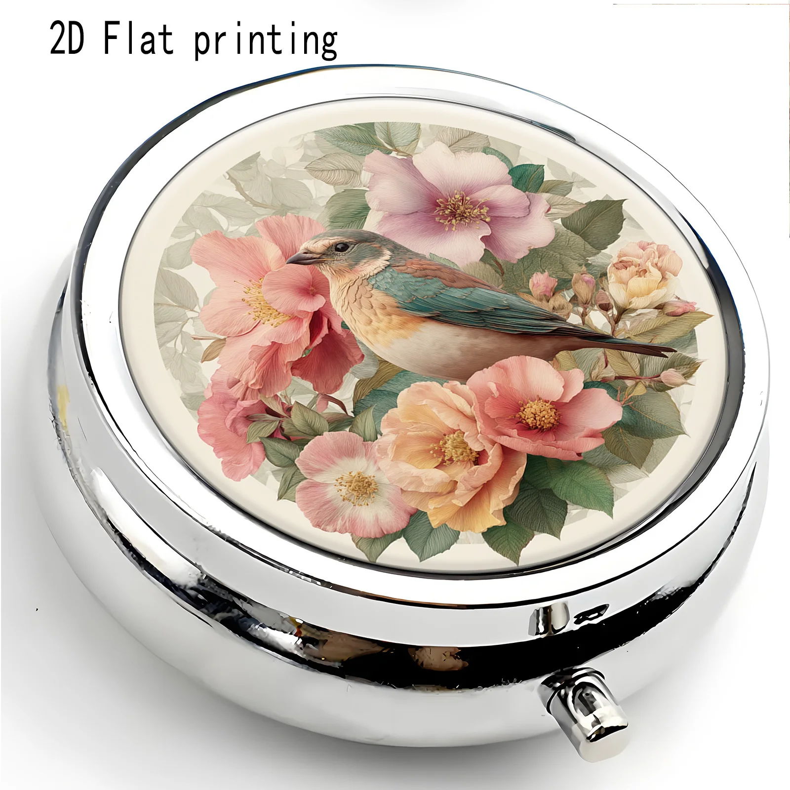 A three-compartment portable box with a floral and bird pattern, printed on one side in a flat design. Pill box storage case, suitable for use in handbags, a multifunctional small storage box for jewelry and medication, essential travel organizer, flat design