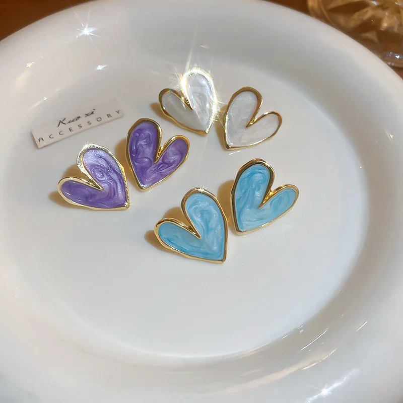 Vintage Oil Drop Love Heart Small Stud Earrings for Women Glaze White Blue Purple French Earrings Ins Versatile Simple Jewelry