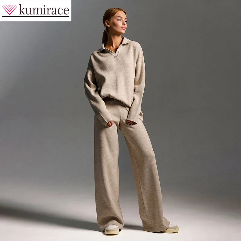 

Вязаный комплект, осенне-зимний свитер, вязаная толстовка с воротником-поло + широкие брюки, комплект из двух предметов, зимняя одежда, женская одежда