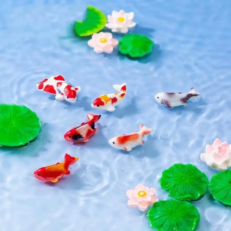 Hot Sale Mini Resin Koi Fish Figurines Vivid Multicolor Lotus Ornaments For Aquarium Bonsai Micro Landscape Decor