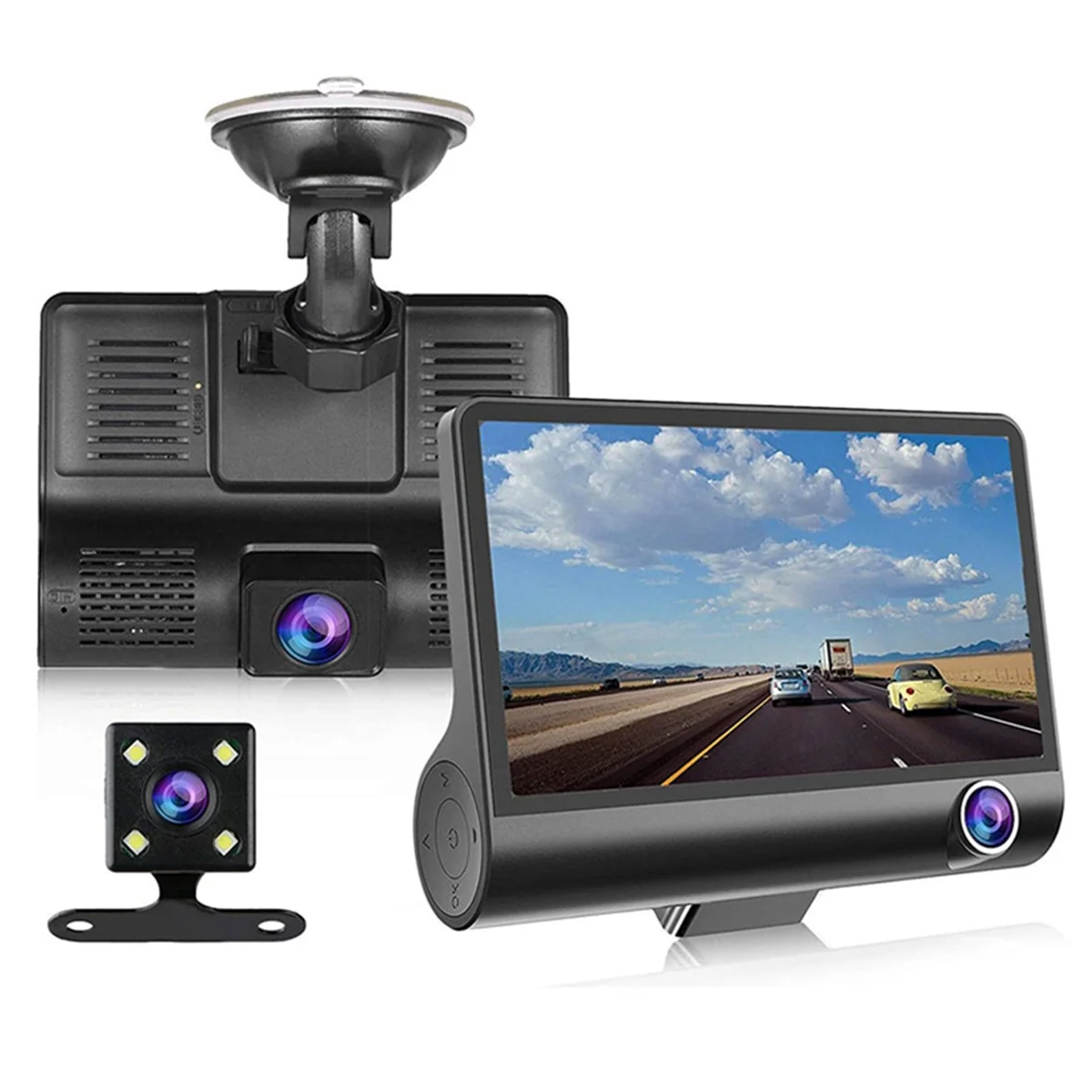 4 Inch Car DVR Dashcam Dash Camera HD Screen 1080P 3 Lens Video Recorder Front + Interior+Rear View Camera Dash