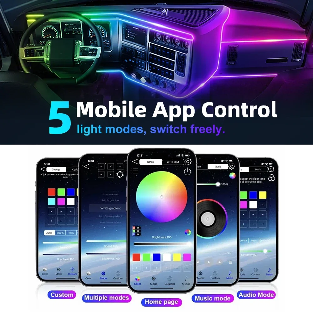 

18 in 1 APP Controlled RGB 64/213 Colors Dual Zone Acrylic Ambient Light Kit for Car Interior Decoration Atmosphere Lamp Strip