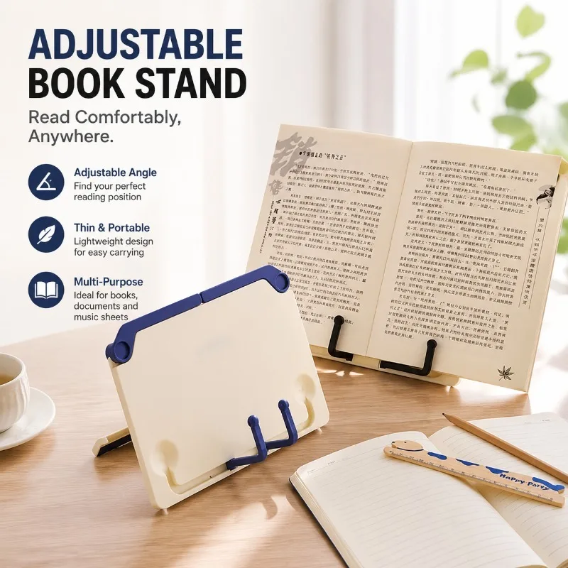 Adjustable Reading Book Stand, Thin and Portable ABS Book Holder with Fixed Arms, for Books, Documents and Music Sheet, White 1
