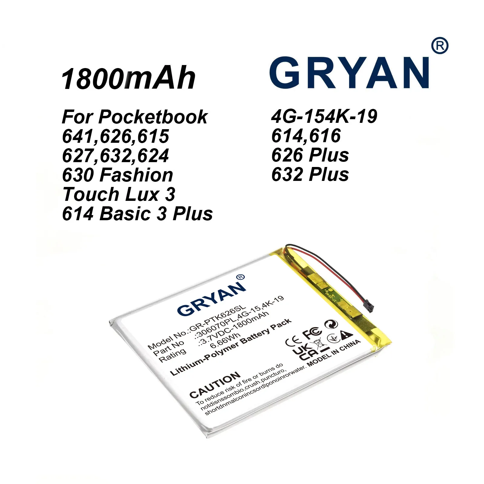 GRYAN  1800mAh E-reader Battery for Pocketbook 641 626 615 627 632 630 Fashion Touch Lux 3 626 Plus 632 Plus 4G-15 4K-19 614 616