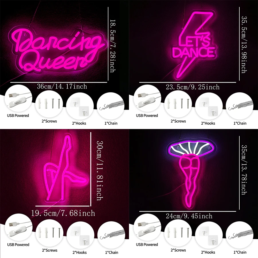 Sinal de néon de dança, ícone de letra rosa, alimentado por USB, usado para decoração artística de paredes de quartos, clubes, bares e salas de aula de dança.