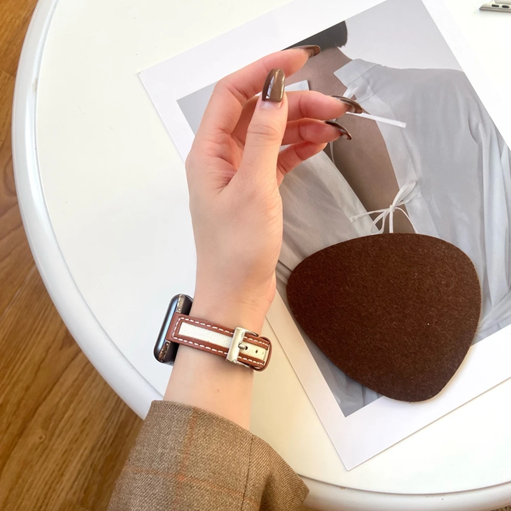 Ремешок кожаный и холщовый для Apple Watch 42 мм 44 мм 41 мм 45 мм, стильный тонкий дамский браслет для Iwatch Series7 6 5 4 3 2 1