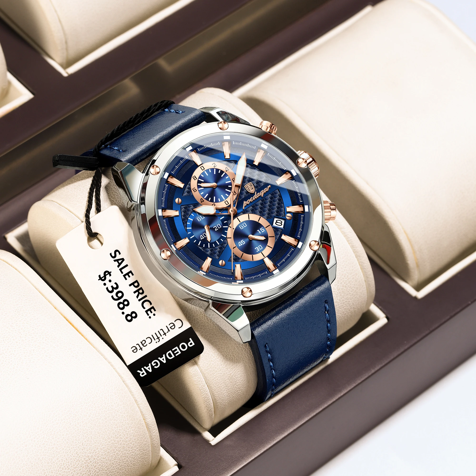 

POEDAGAR Fashion Man Quartz Watch Date Leather Chronograph Men's Watch Waterproof Luminous Luxury Military Watches For Men Reloj